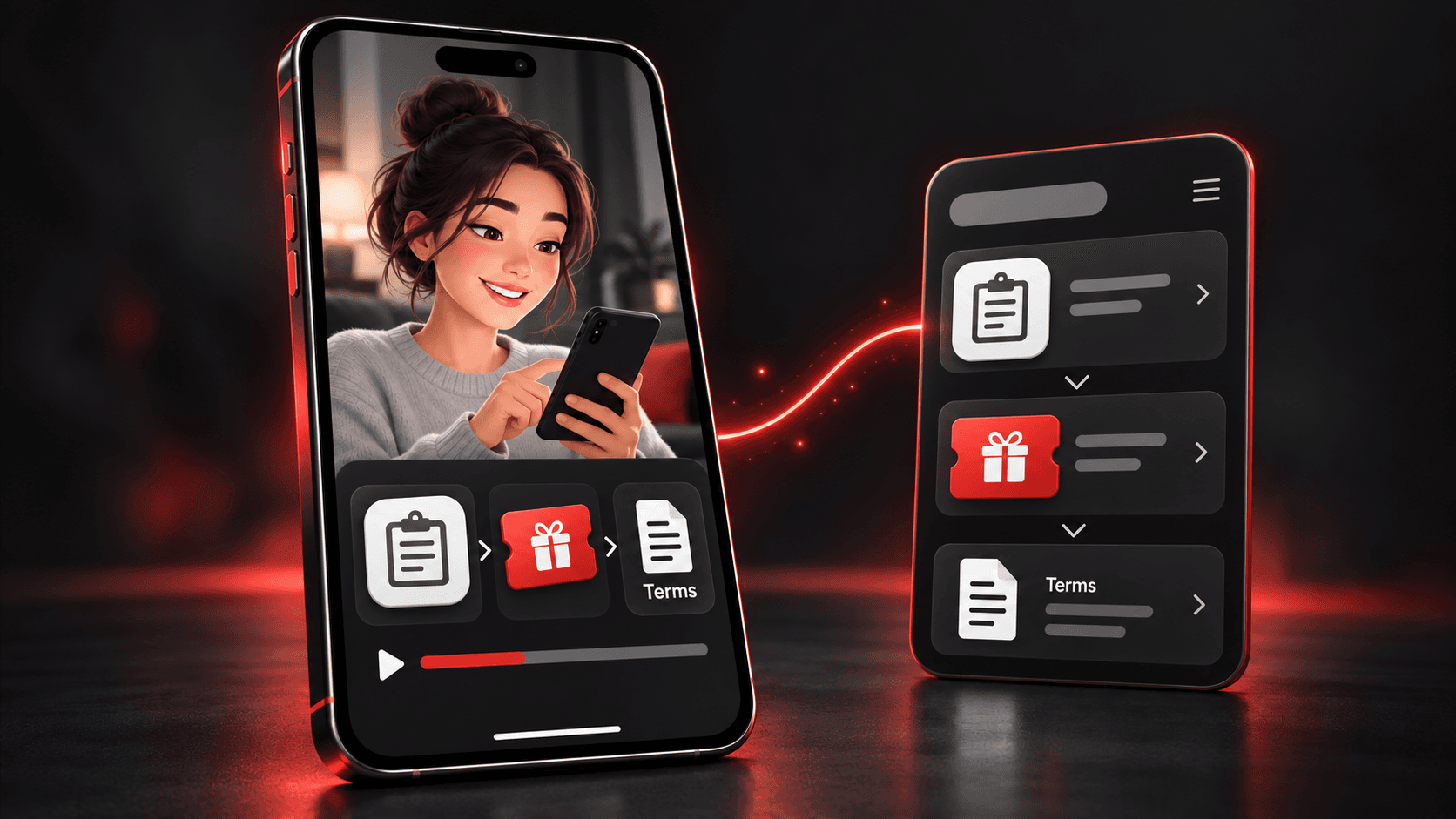Illustrated mobile video ad connects to a matching rewards app, with the same task, reward and terms icons in both.