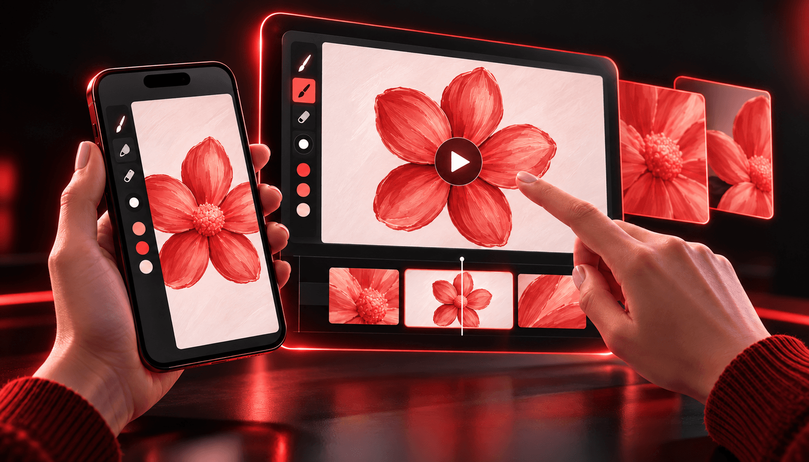 Illustrated reviewer compares a fictional drawing app on a phone with matching video-ad creative.