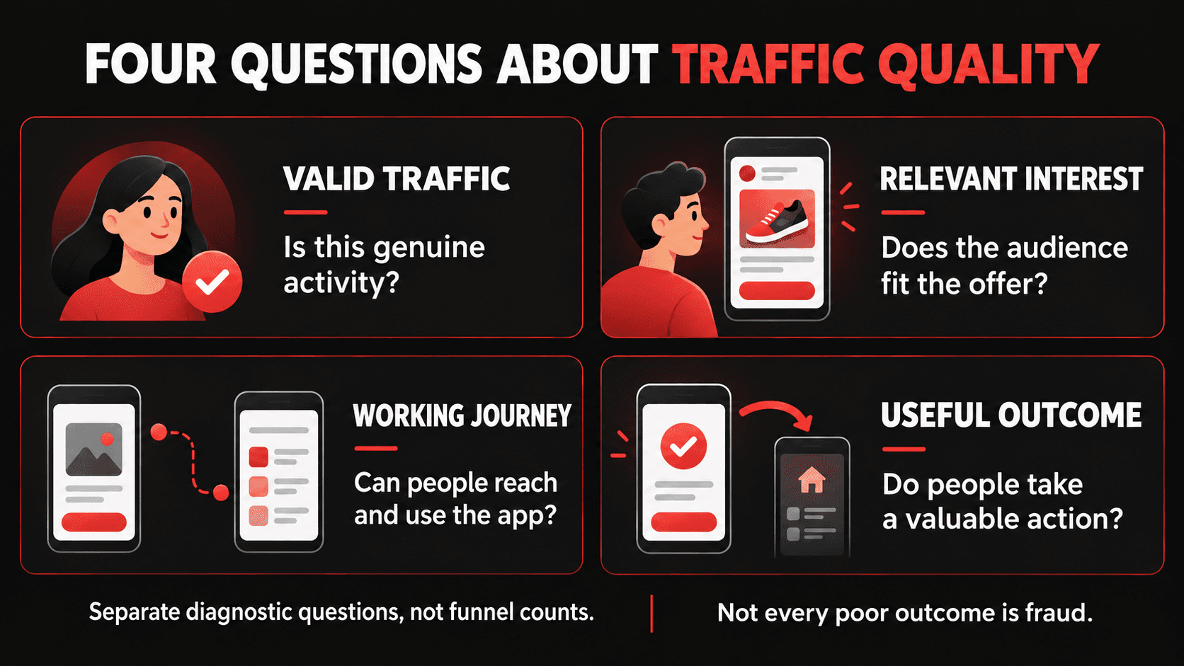 Four traffic-quality questions: valid activity, relevant interest, a working journey, and a useful outcome. These are separate checks; a poor outcome does not prove fraud.