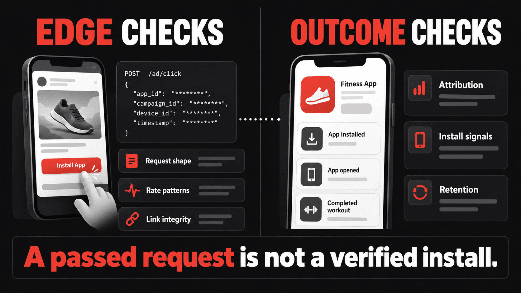 Edge checks assess request shape, rate patterns and link integrity; separate outcome checks assess attribution, install signals and retention. Passing a request does not verify an install.