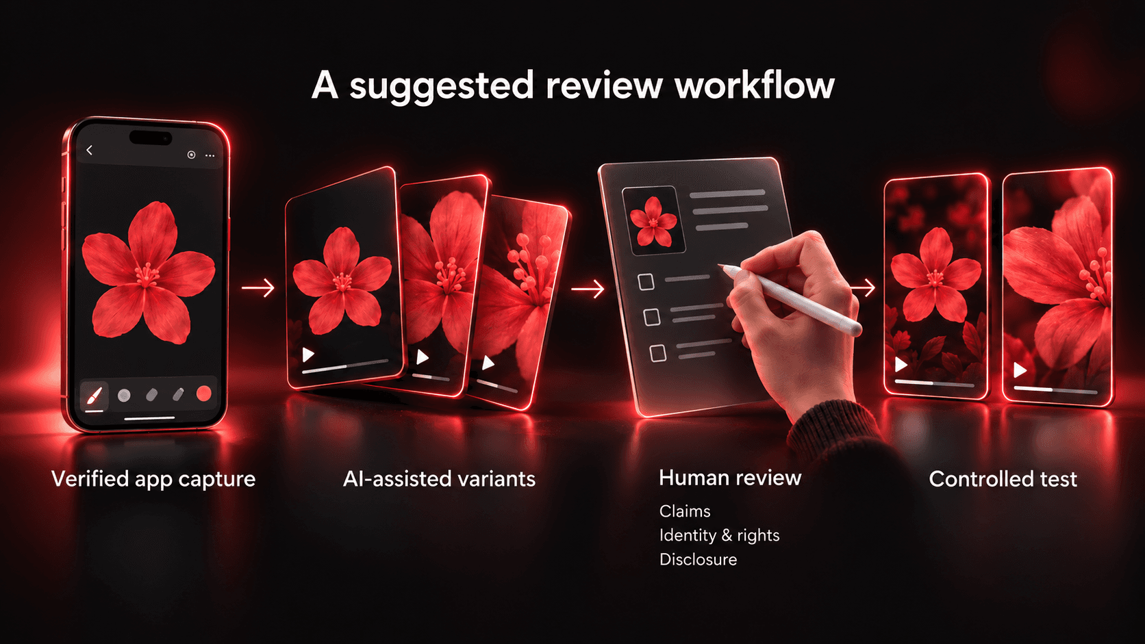 Suggested workflow: verified app capture, AI-assisted variants, human review of claims, identity and rights, and disclosure, then a controlled test.