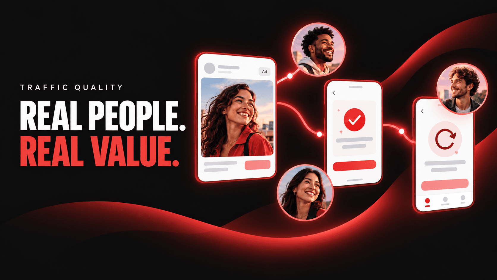 Real People. Real Value. A mobile ad connects to app activity and a return-visit symbol, with illustrated users in charcoal and red.